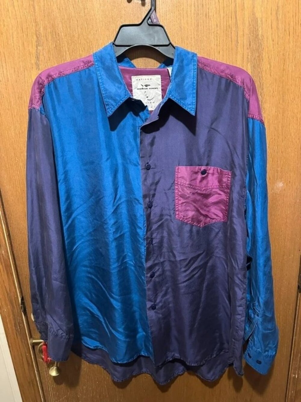 Vintage Index Men 100% Silk Colorblock Button Front Shirt XL Blue Purple